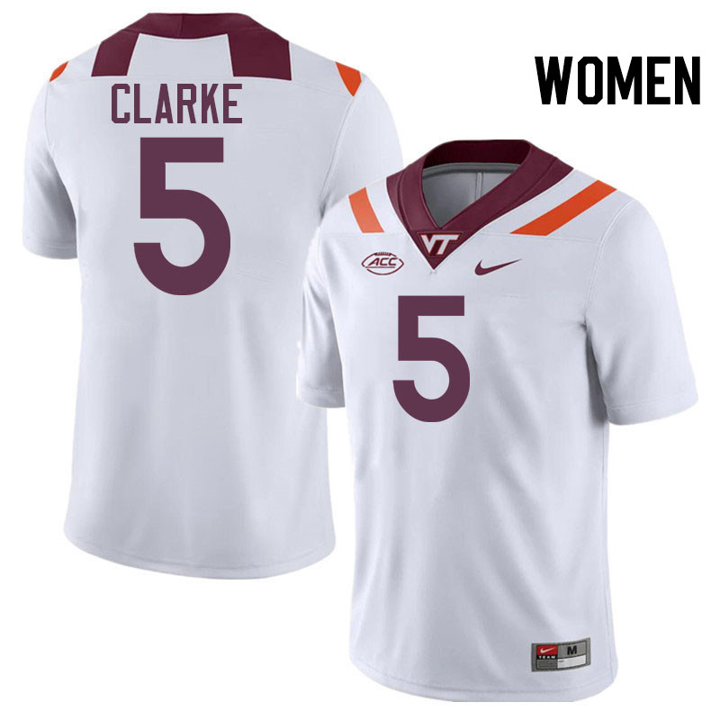 Women #5 Joshua Clarke Virginia Tech Hokies College Football Jerseys Stitched-White